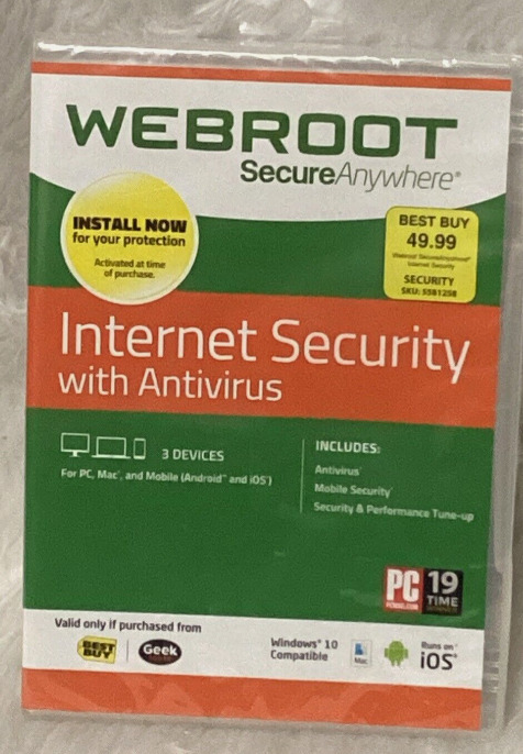 WEBROOT Secure Anywhere Internet Security Plus 3 Devices Antivirus Mobile PC Mac
