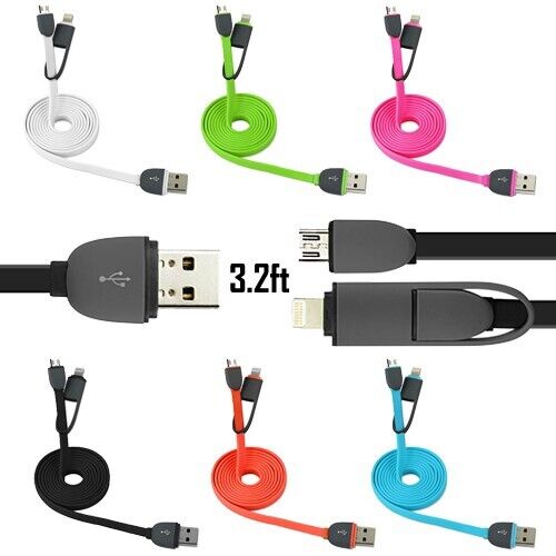 3FT USB 2 In 1 Charge Sync Data Cable Flat Samsung iPhone 11 Pro Max X XS XR 8 7
