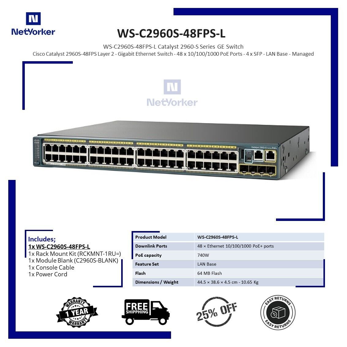 Cisco WS-C2960S-48FPS-L 48 Port PoE+ Gigabit Network Switch - Same Day Shipping