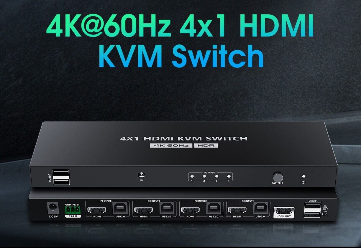 4x1 4-Port HDMI + USB 2.0 KVM Switch Switcher Keyboard Video Mouse HDR 4K@60Hz