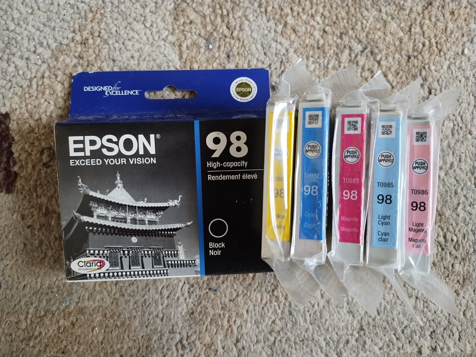 Genuine Set 6 Epson 98 Ink Cartridges T098 T0981-T0985-T0986 Artisan 700 800 New