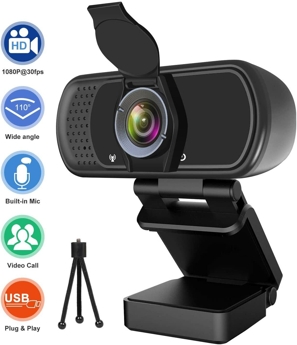 1080P HD Webcam with Microphone/Privacy Cover/Tripod-30FPS Streaming, 110° Angle