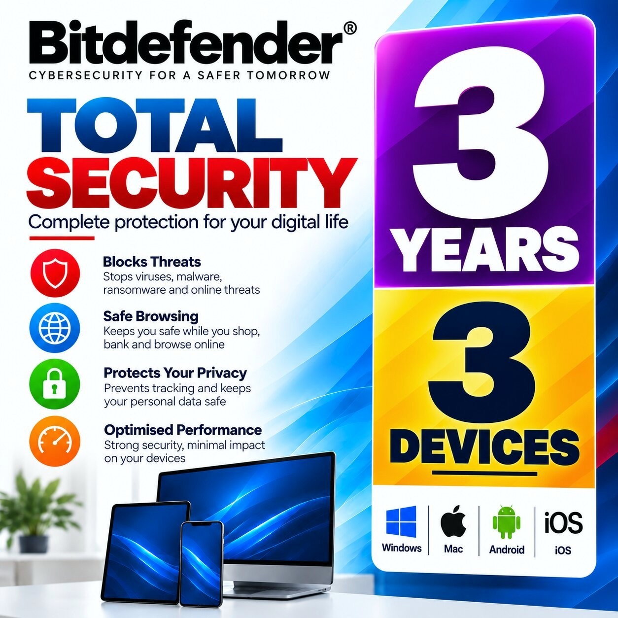 Bitdefender Total Security - 3 Years For 3 Devices + Daily VPN Bitdefender Total Security - 3 Years For 3 Devices + Daily VPN