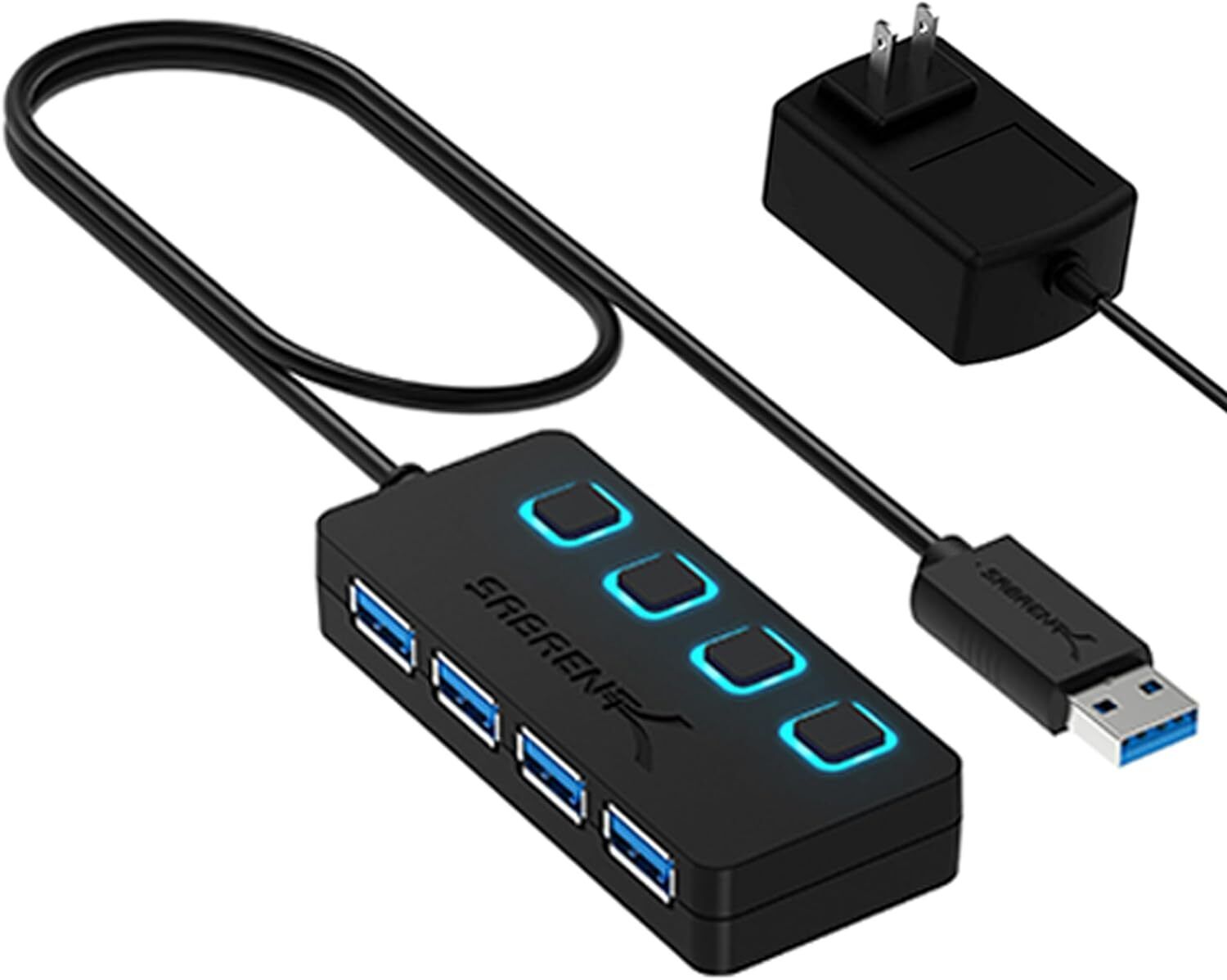 SABRENT 4 Port USB 3.0 Hub with Individual LED Lit Power Switches, Includes 5V/2