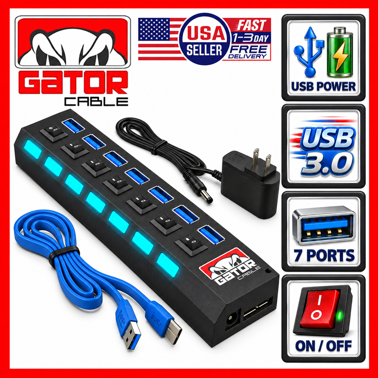USB 3.0 Hub Charger Switch Splitter Powered AC Adapter 7 Port PC Laptop Desktop USB 3.0 Hub Charger Switch Splitter Powered AC Adapter 7 Port PC Laptop Desktop
