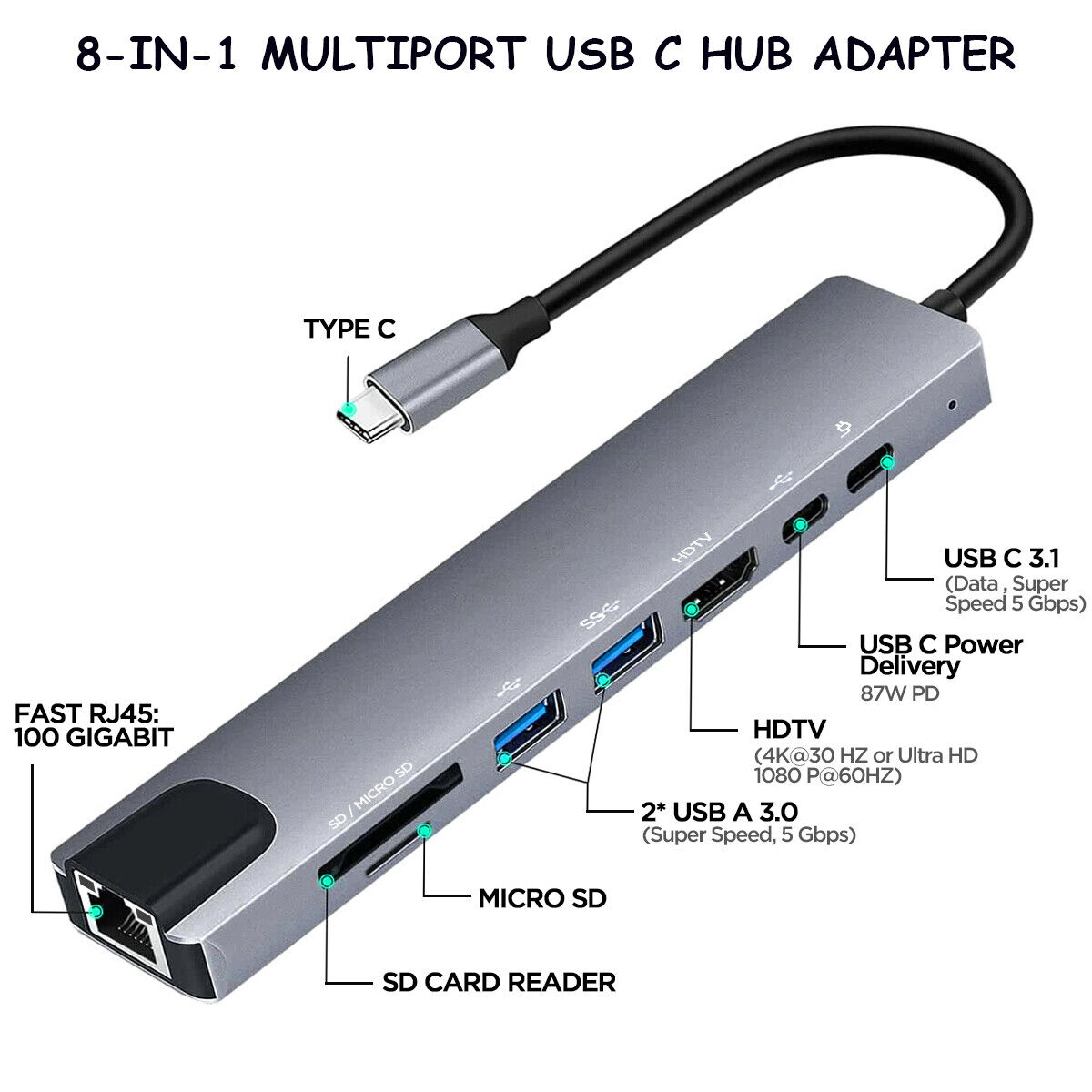 USB C Hub Ethernet 8 in 1 USB C Hub HDMI 4K 30Hz 100W PD All Type C Compatible