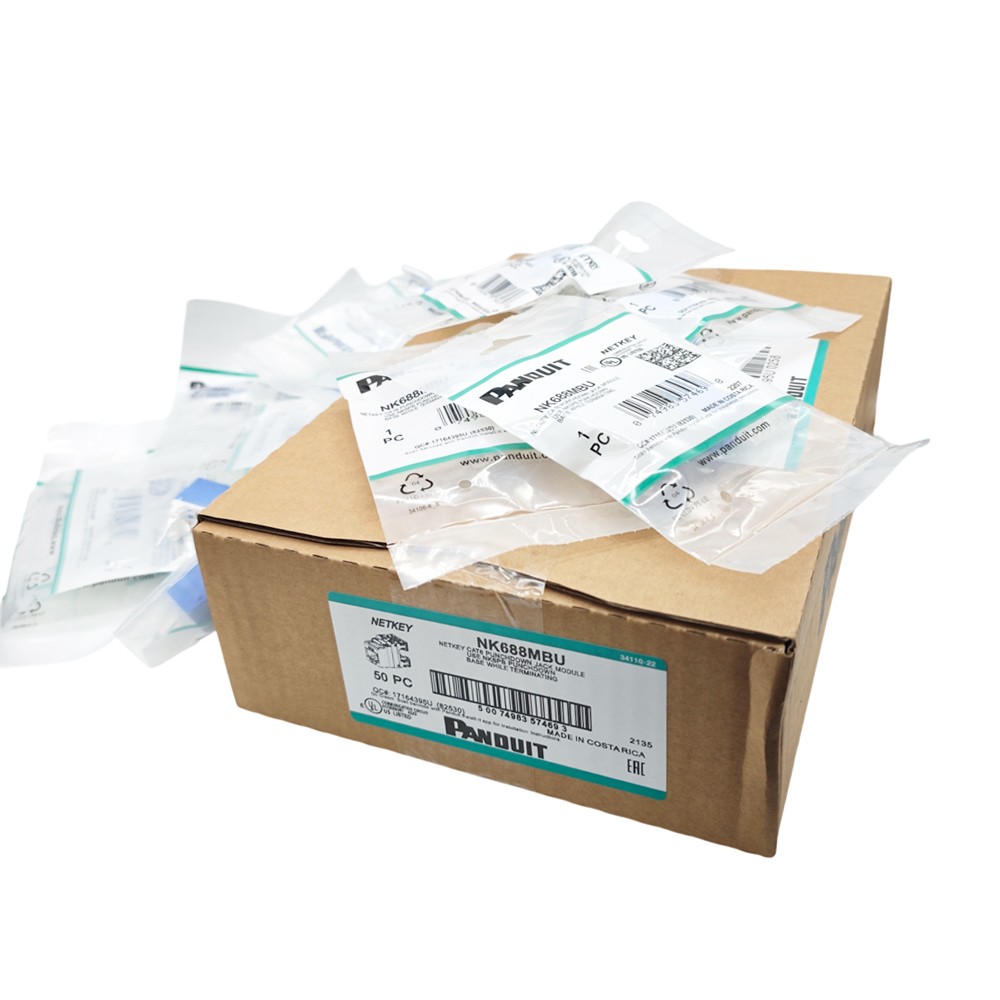 New Keystone Jack Blue Module For Panduit NetKey NK688MBU Cat6 (Box of 50) New Keystone Jack Blue Module For Panduit NetKey NK688MBU Cat6 (Box of 50)