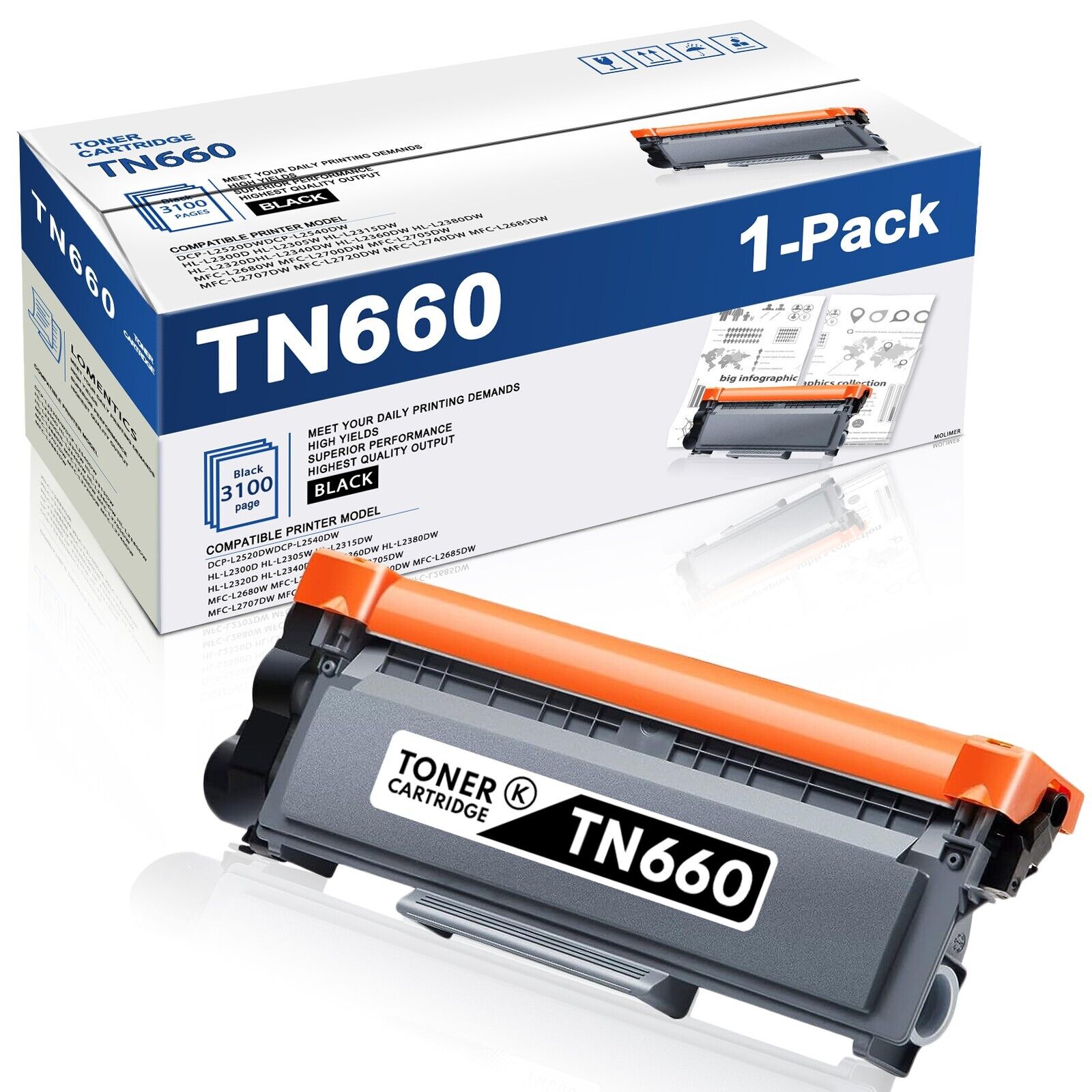 TN660 BK High Yield Toner Cartridge Replacement for Brother DCP-L2540DW Printer