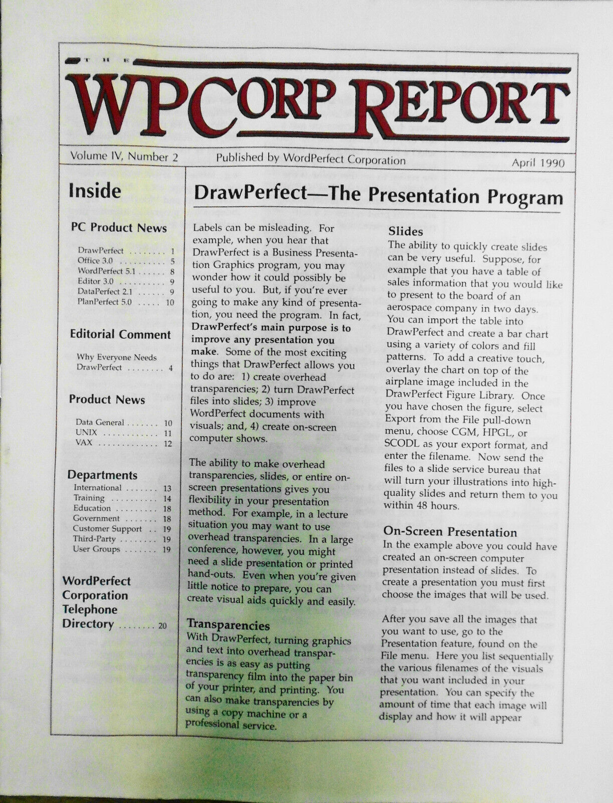 WPCorp Report, April 1990, WordPerfect Corporation