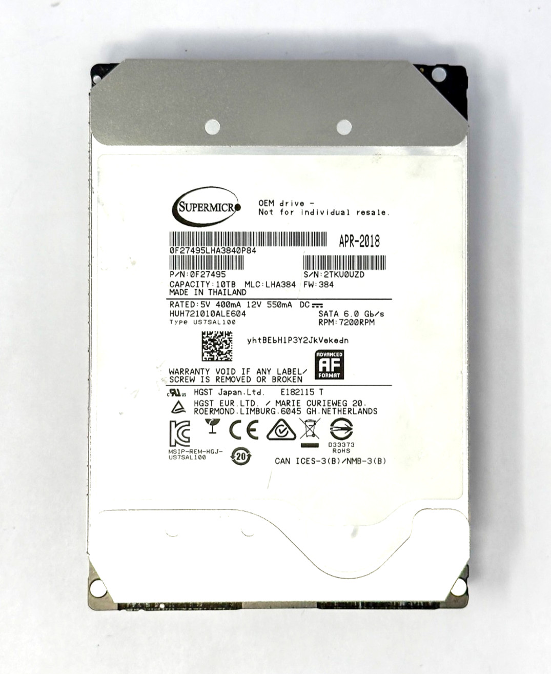 Supermicro HGST Ultrastar He10 10TB SATA 7200RPM HDD HUH721010ALE604 Supermicro HGST Ultrastar He10 10TB SATA 7200RPM HDD HUH721010ALE604