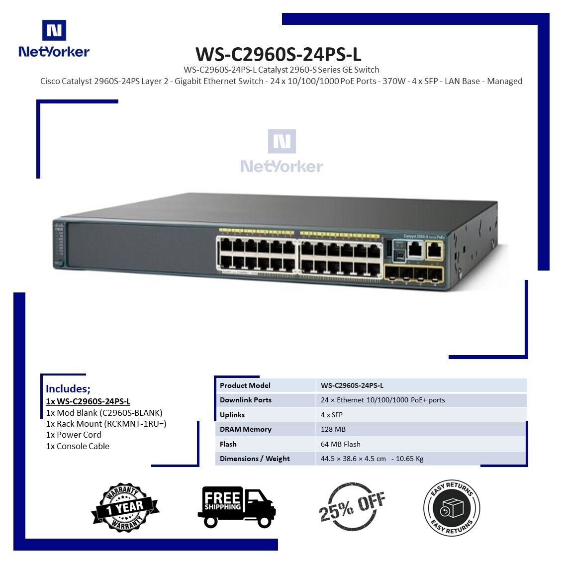 Cisco WS-C2960S-24PS-L 24 Port PoE+ Gigabit Switch - Same Day Shipping