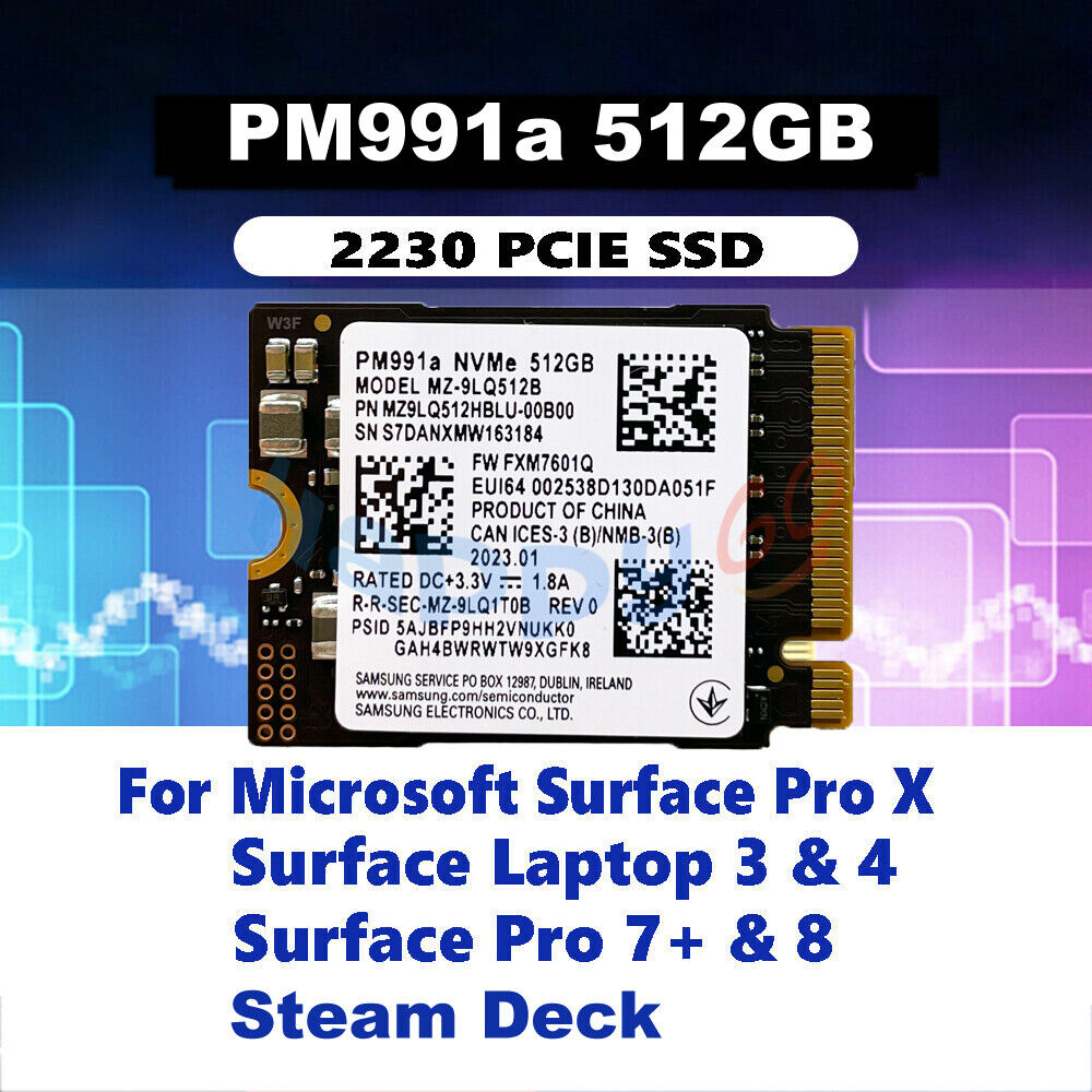 NEW SAMSUNG PM991a M.2 2230 SSD 512GB NVMe PCIe For Surface Pro 7+ 8 Steam Deck