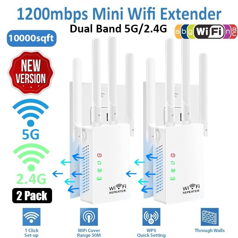 1200Mbps WiFi Extender Repeater Range Amplifier Wireless Signal Booster 2 PACK