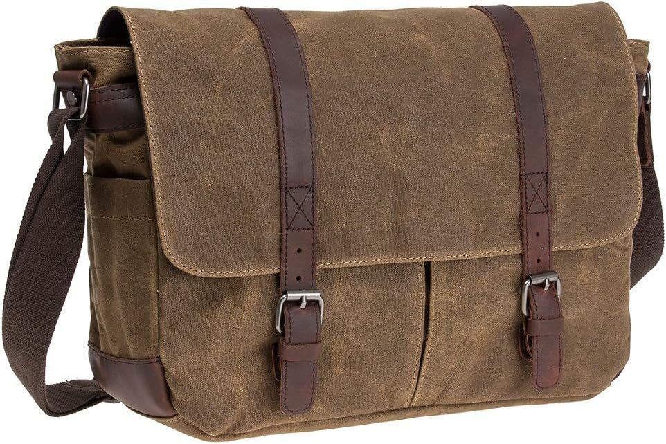 Vintage Genuine Leather Waxed Canvas Briefcase Large Satchel Shoulder Khaki-2 