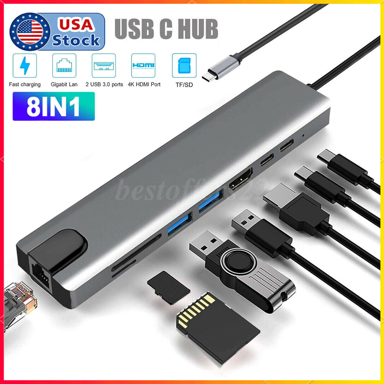 8 in 1 Type-C HUB HDMI USB Multiport Card Reader Adapter Laptop Docking Station