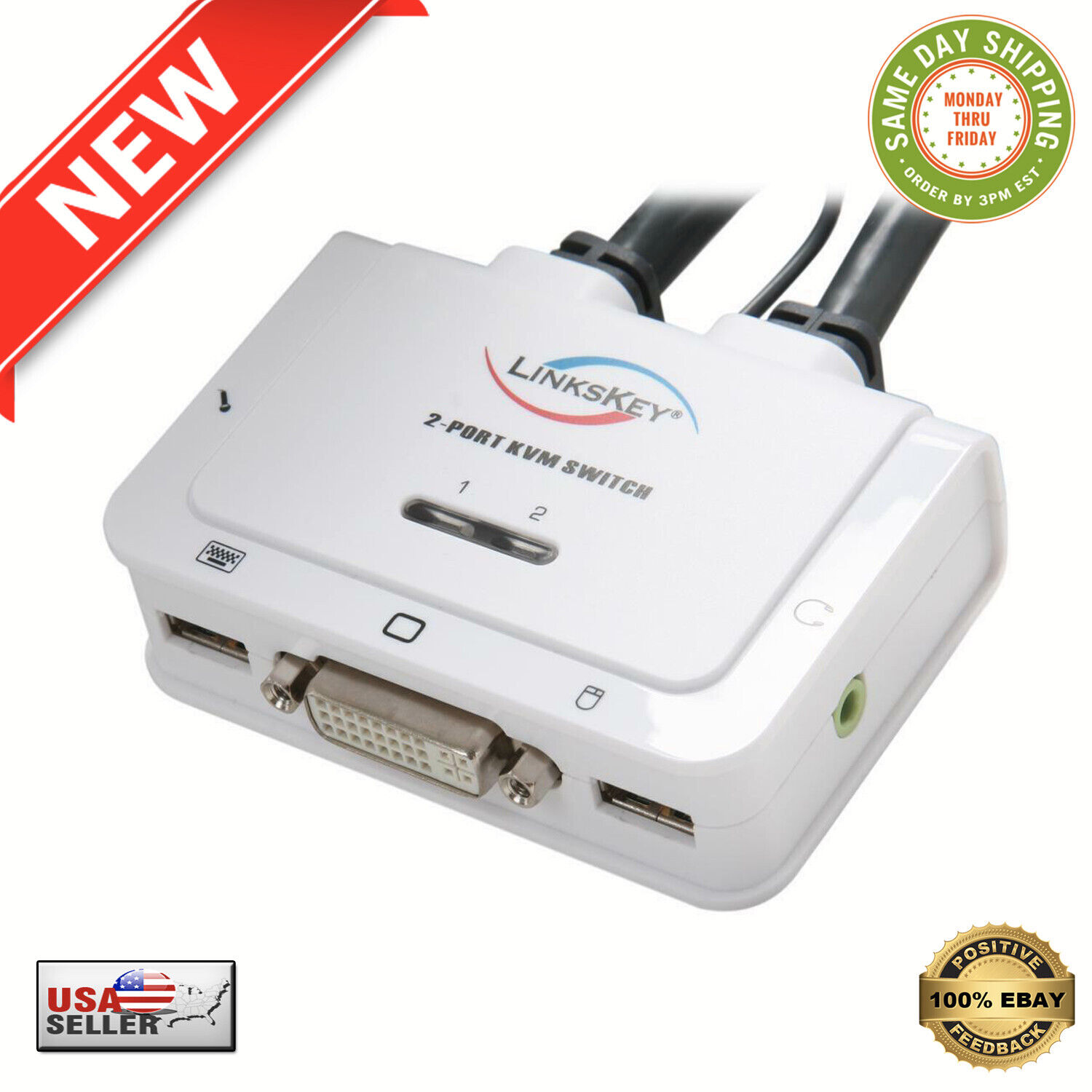 Linkskey LDV-302ARC 2-port DVI USB Audio Mic KVM Switch w/ Quick-Switch Button