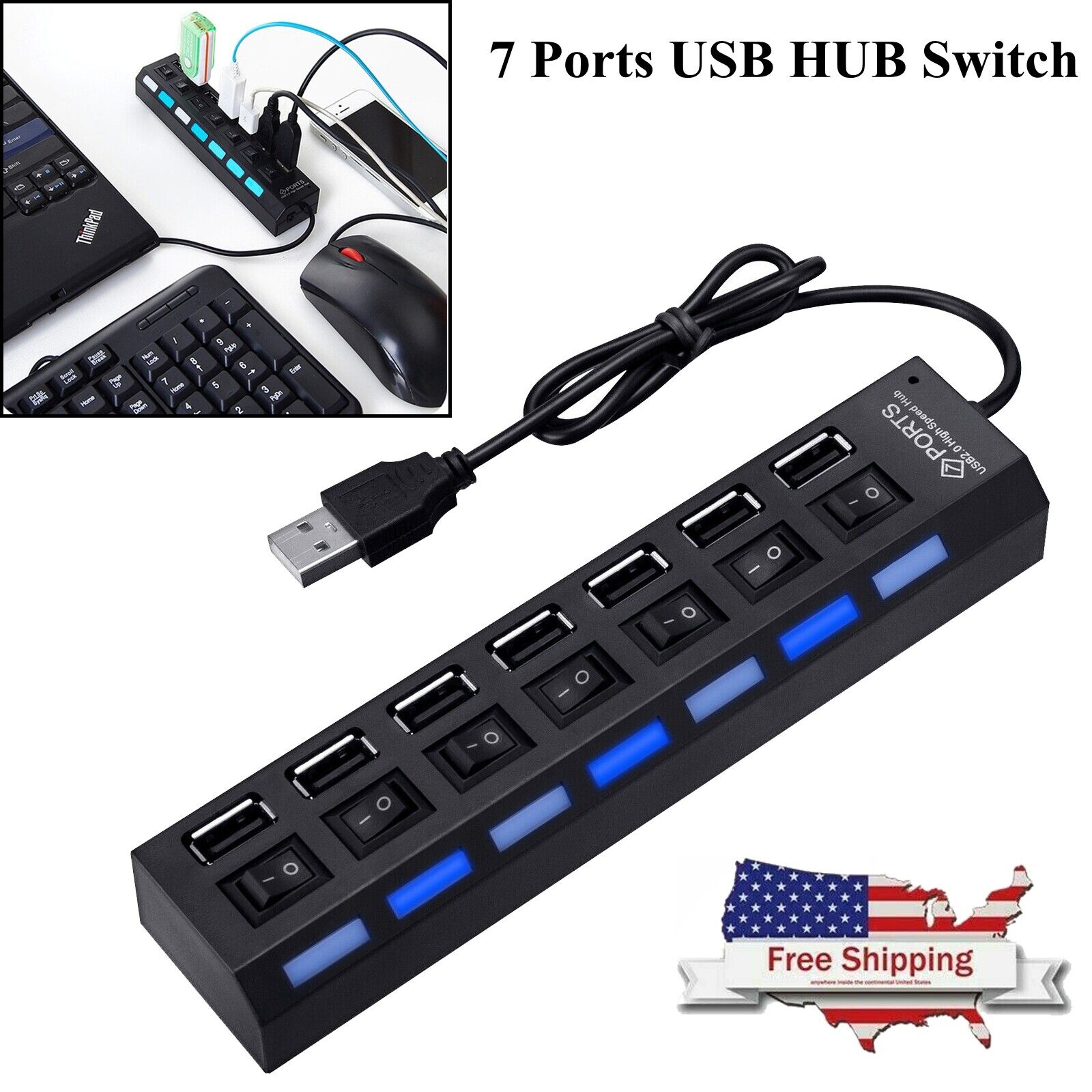 US 7 Port USB 2.0 HUB LED Powered High Speed Splitter Extender Cable Adapter