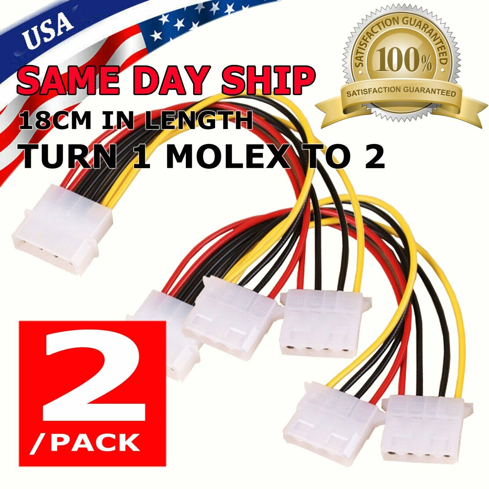 2X 4-pin Molex Male Y-Splitter 4 Pin Molex Dual Female IDE Power Cable Adapter