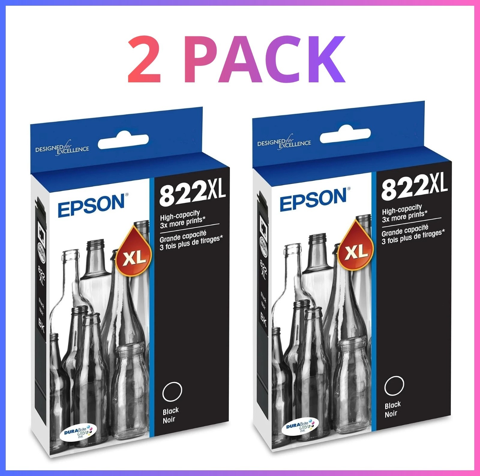 2 Pack Genuine Epson 822XL Black High Yield Ink Cartridges WF-4820 4830 OEM