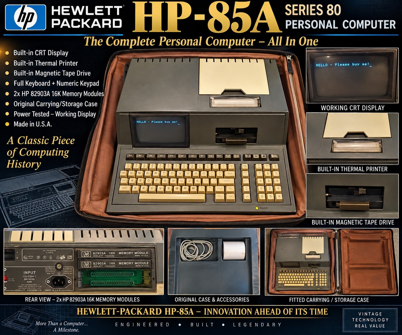 Vintage HP-85A Series 80 Computer Hewlett Packard Working Powers On + Case RAM Vintage HP-85A Series 80 Computer Hewlett Packard Working Powers On + Case RAM