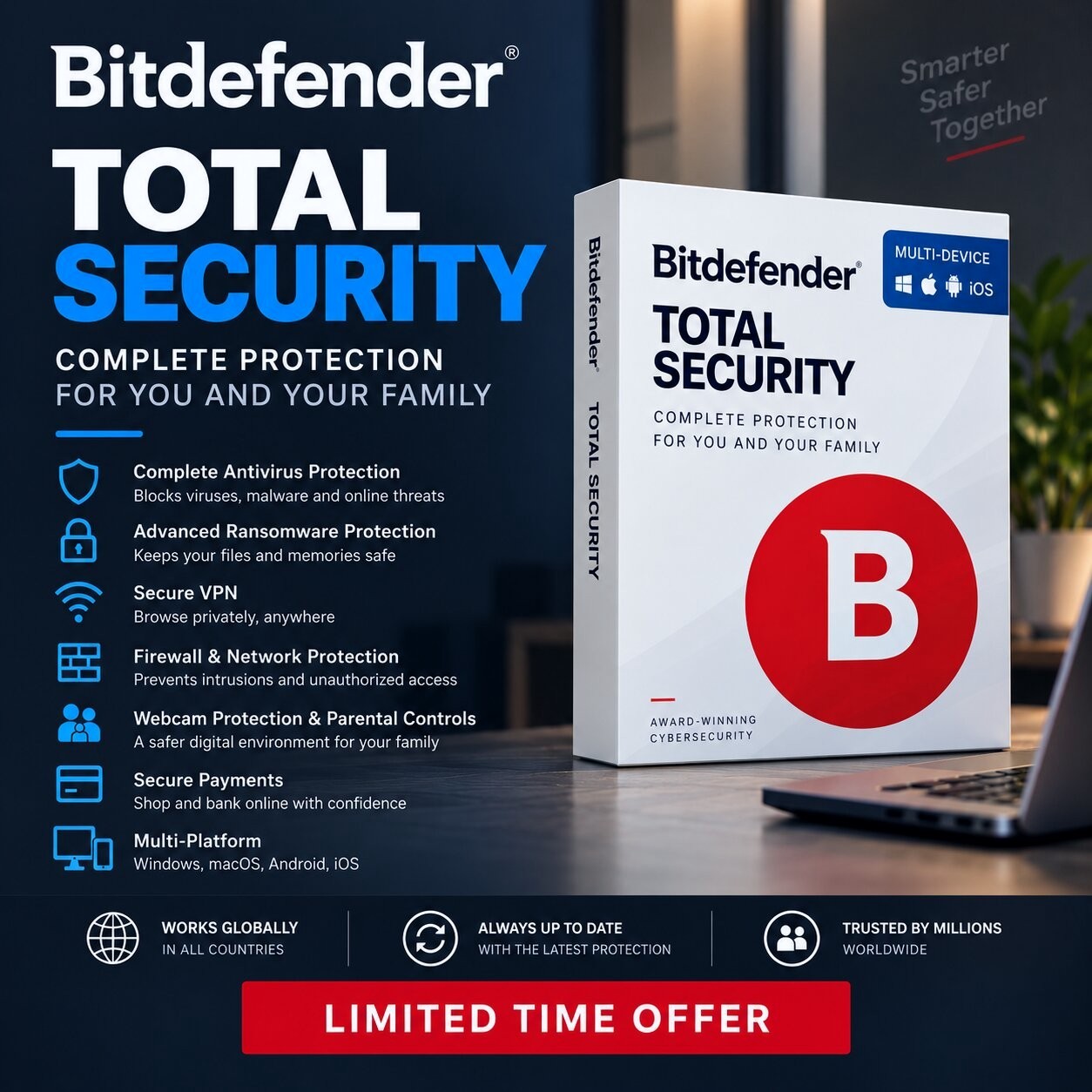 Bitdefender Total Security | 1 -6 Devices 1-3 Years | Win Mac Android Bitdefender Total Security | 1 -6 Devices 1-3 Years | Win Mac Android
