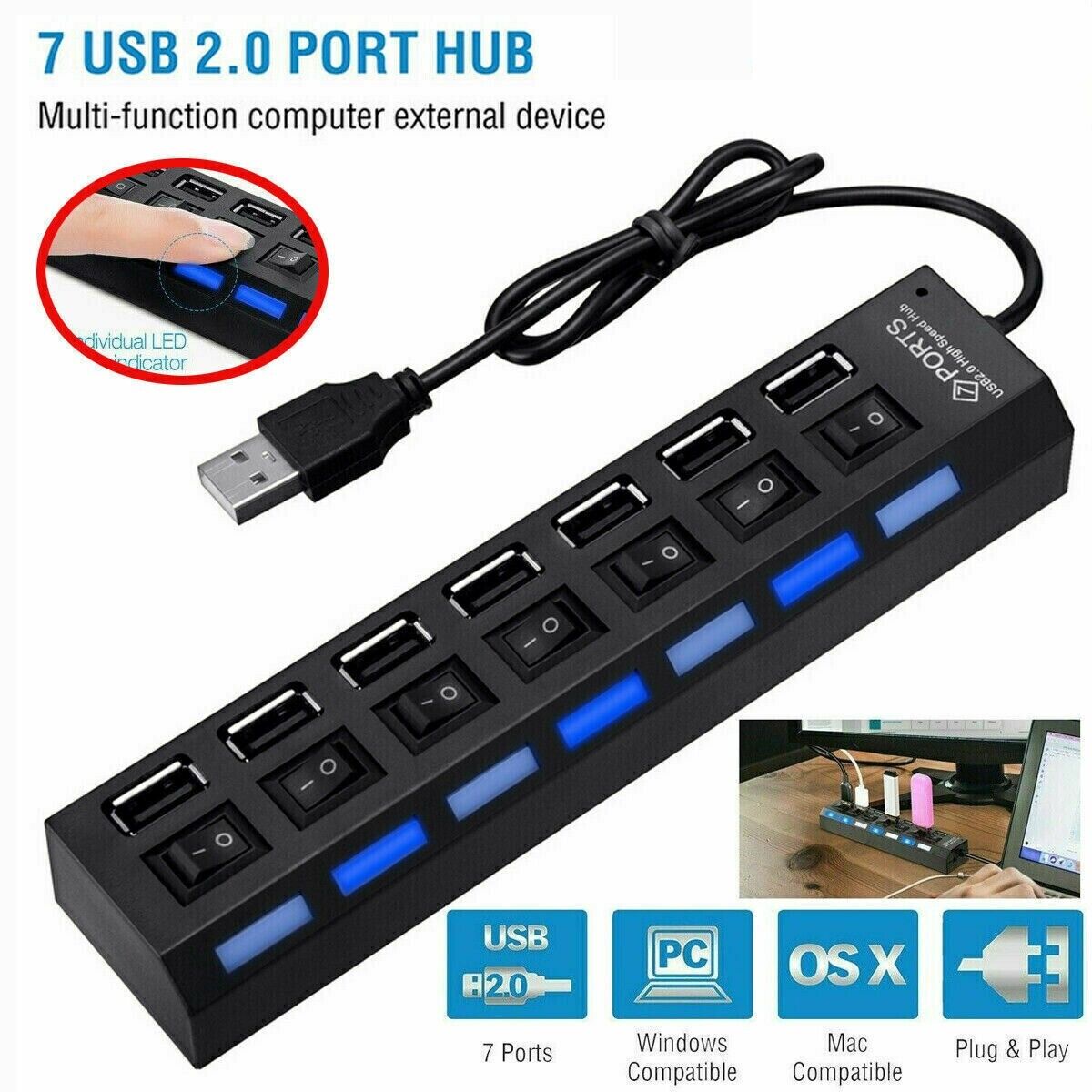 7 Port USB 3.0 Hub On/Off Switch High Speed Splitter AC Adapter Cable PC Laptop