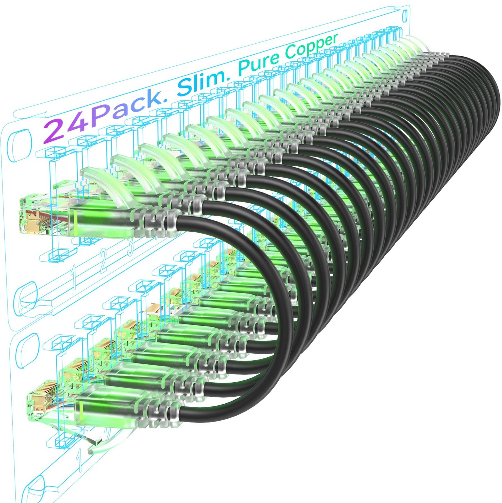 Sokqovt Cat6a Patch Cables Slim 15ft (24 Pack), Flexible Ethernet Cable 10G Sokqovt Cat6a Patch Cables Slim 15ft (24 Pack), Flexible Ethernet Cable 10G