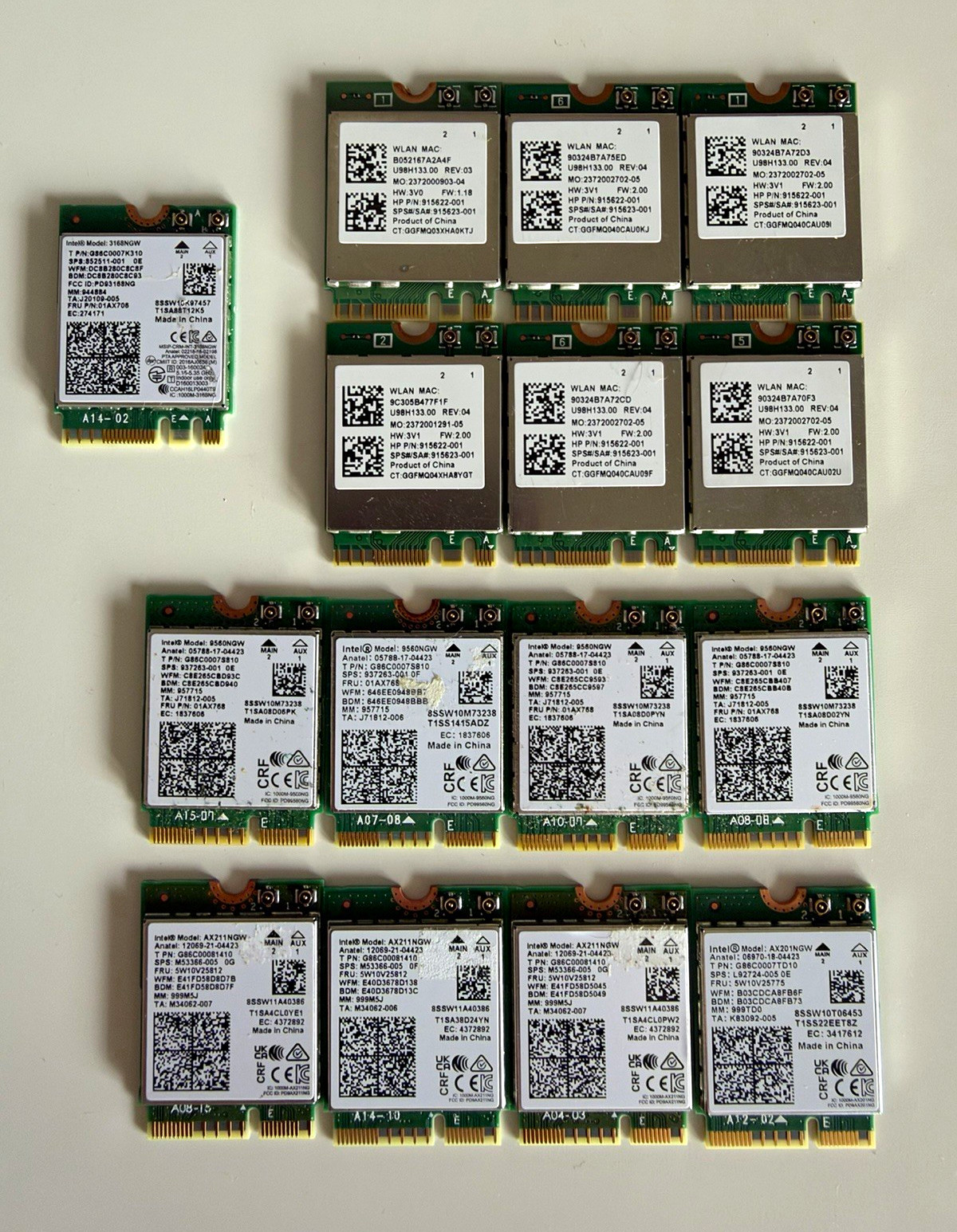 Lot of 15 WiFi Cards Intel AX211 AX201 9560 3168 Realtek RTL8822BE M.2 Lot of 15 WiFi Cards Intel AX211 AX201 9560 3168 Realtek RTL8822BE M.2