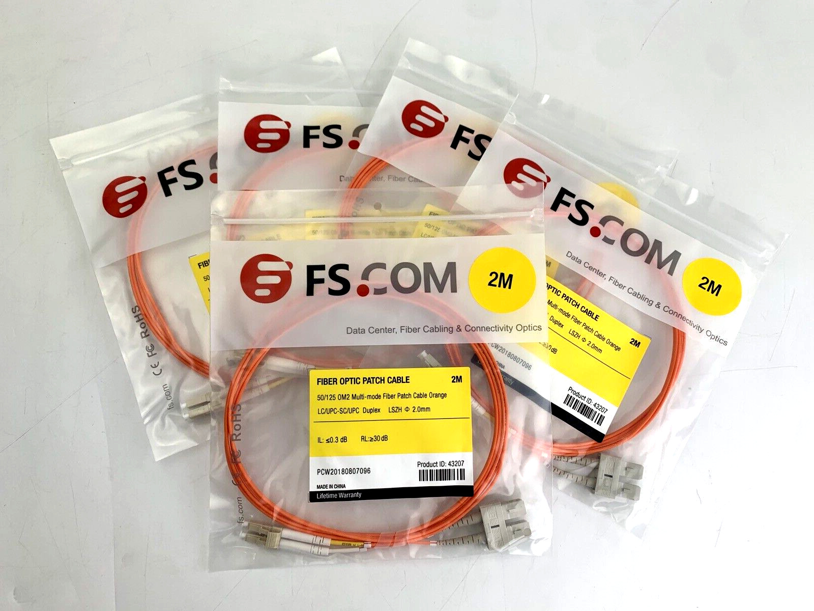 *LOT OF 5* FS.COM 2M Fiber Optic Patch Cable 50/125 OM2 Multimode Duplex Orange