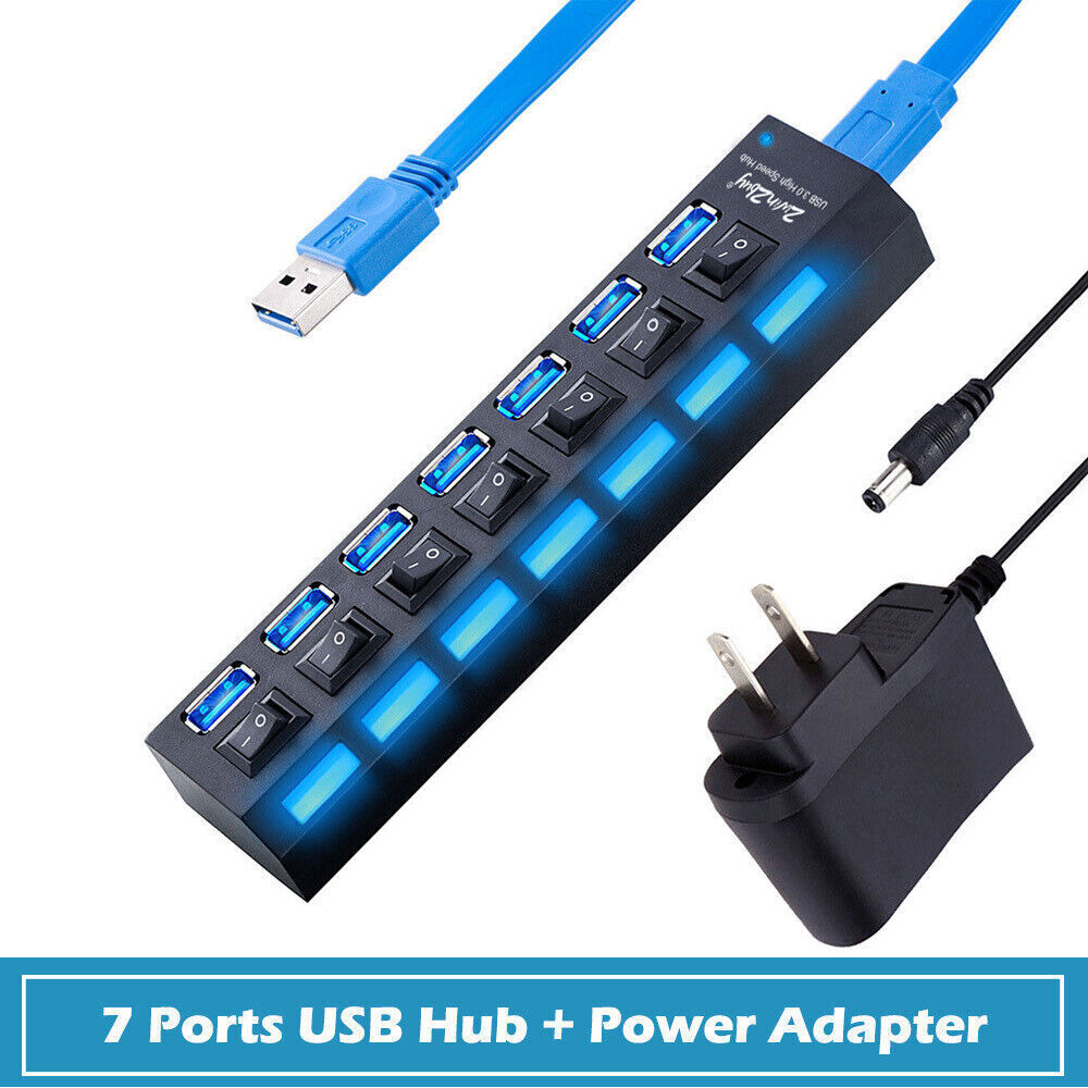 USB 3.0 Hub 7 Port On/Off Switch High Speed Splitter AC Adapter Cable PC Laptop