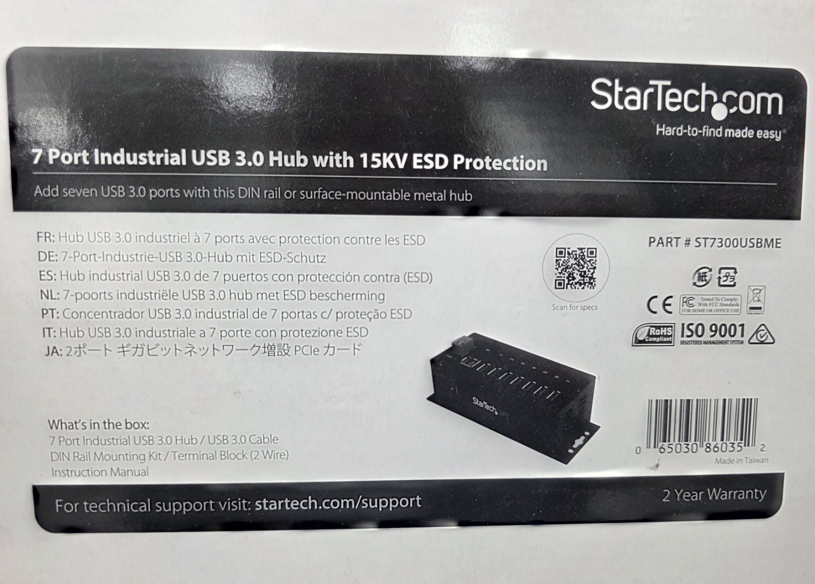 StarTech ST7300USBME 7-Port Industrial USB 3.0 Hub ESD DIN Rail Open Box