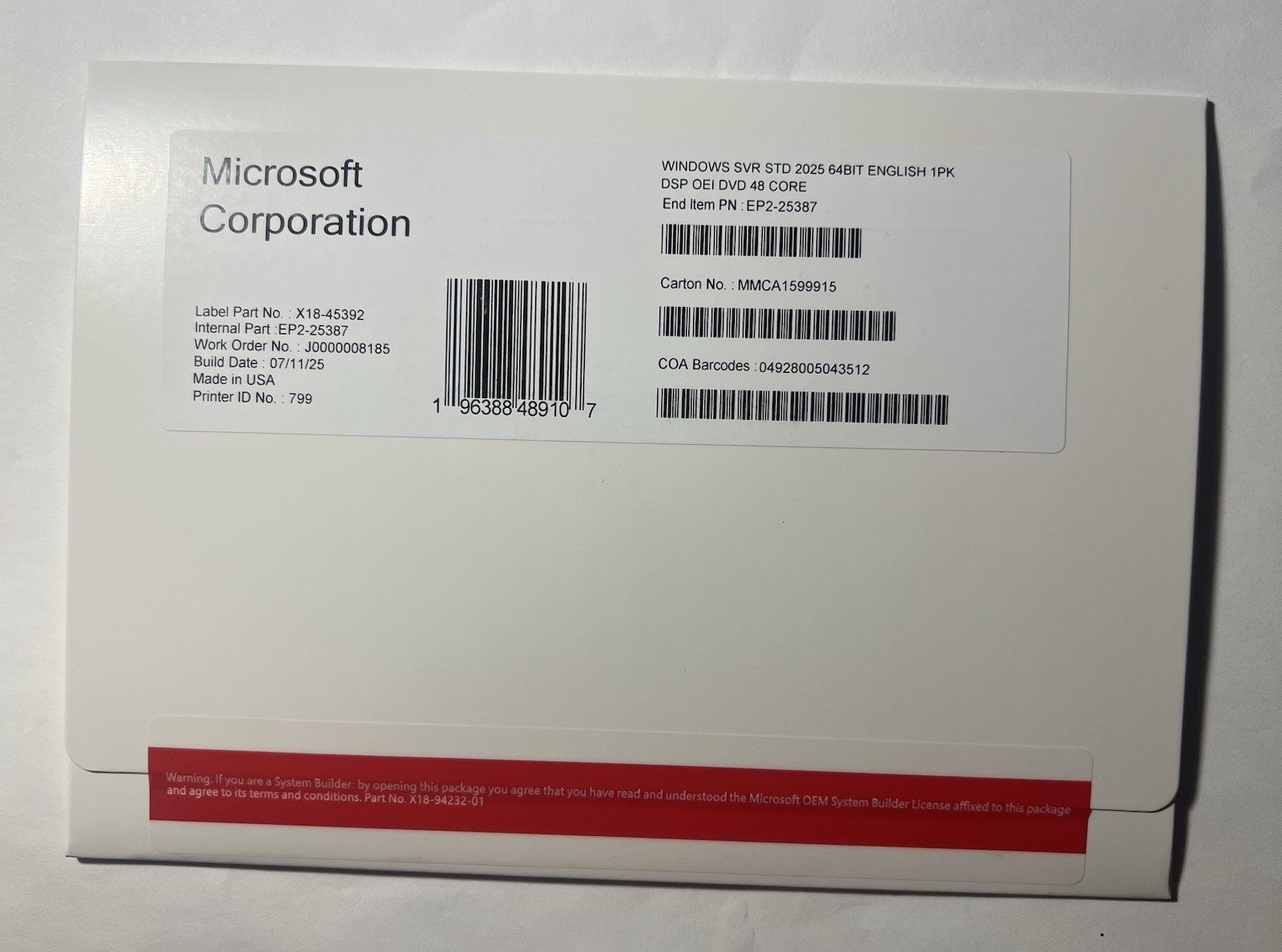 Microsoft Windows Server 2025 Standard 48 Core DVD+Sticker sealed (NEW) Microsoft Windows Server 2025 Standard 48 Core DVD+Sticker sealed (NEW)