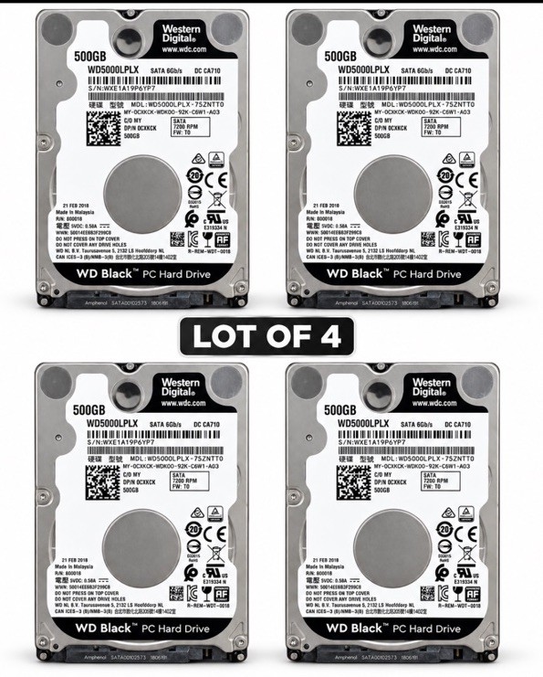 Western Digital WD Black 500GB WD5000LPLX 7200RPM 2.5” SATA HDD Lot of 4 Tested Western Digital WD Black 500GB WD5000LPLX 7200RPM 2.5” SATA HDD Lot of 4 Tested