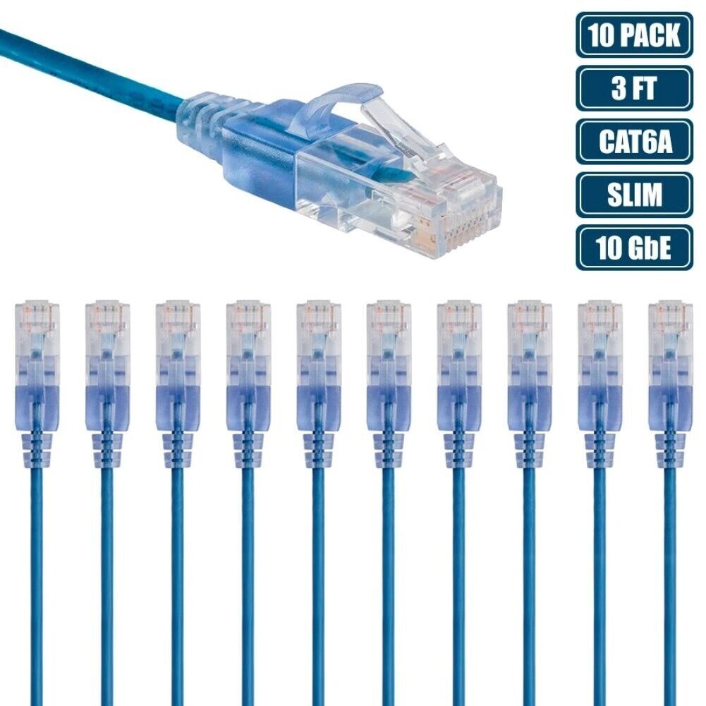 10x 3FT CAT6A RJ45 Ethernet LAN Network Patch Cable Slim Cord Router 30AWG Blue