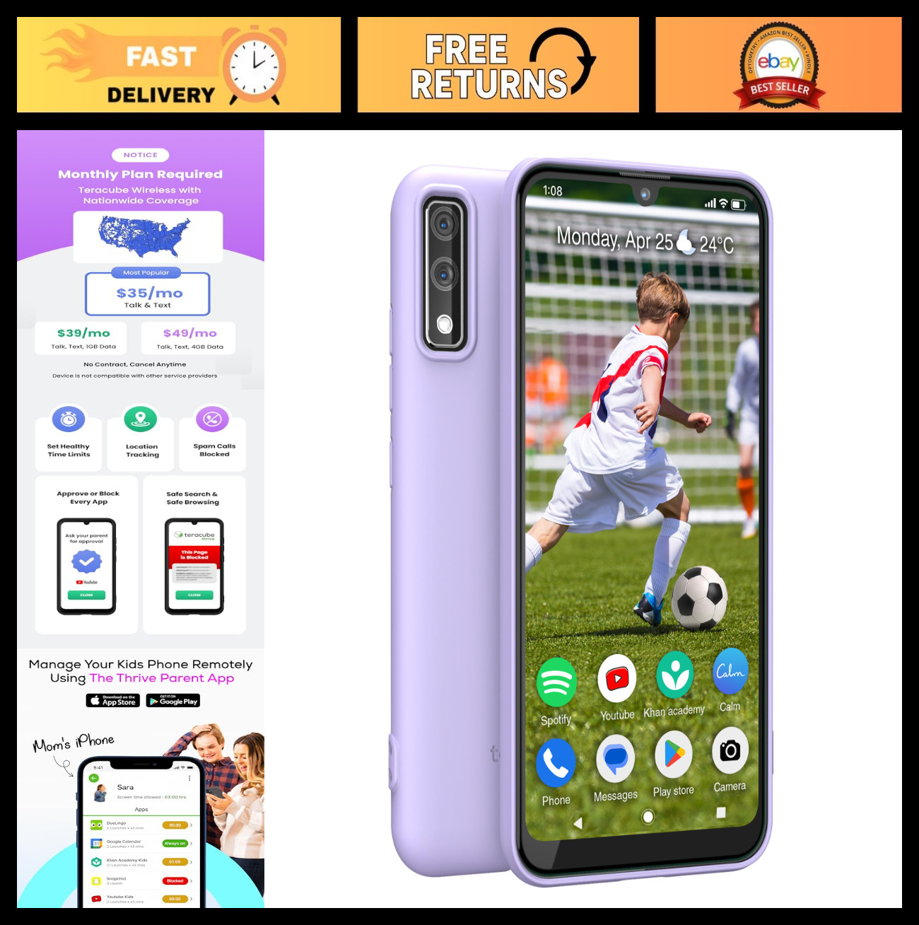 Kids Safe Phone with Parental Controls, GPS, Talk & Text, Spam Blocker, Case Inc