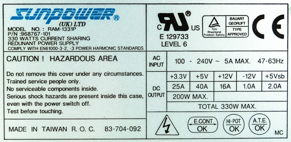 POWER SUPPLY SUNPOWER RAM-1331P 968767-101 330WATT MSL5000