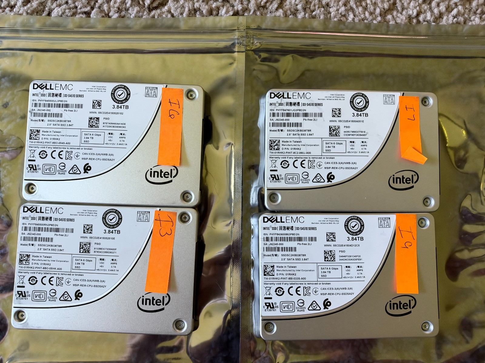 Lot of 4 Intel D3-S4510 3.84TB SATA SSD Dell SSDSC2KB038T8R 0 Bad Sectors 15TB