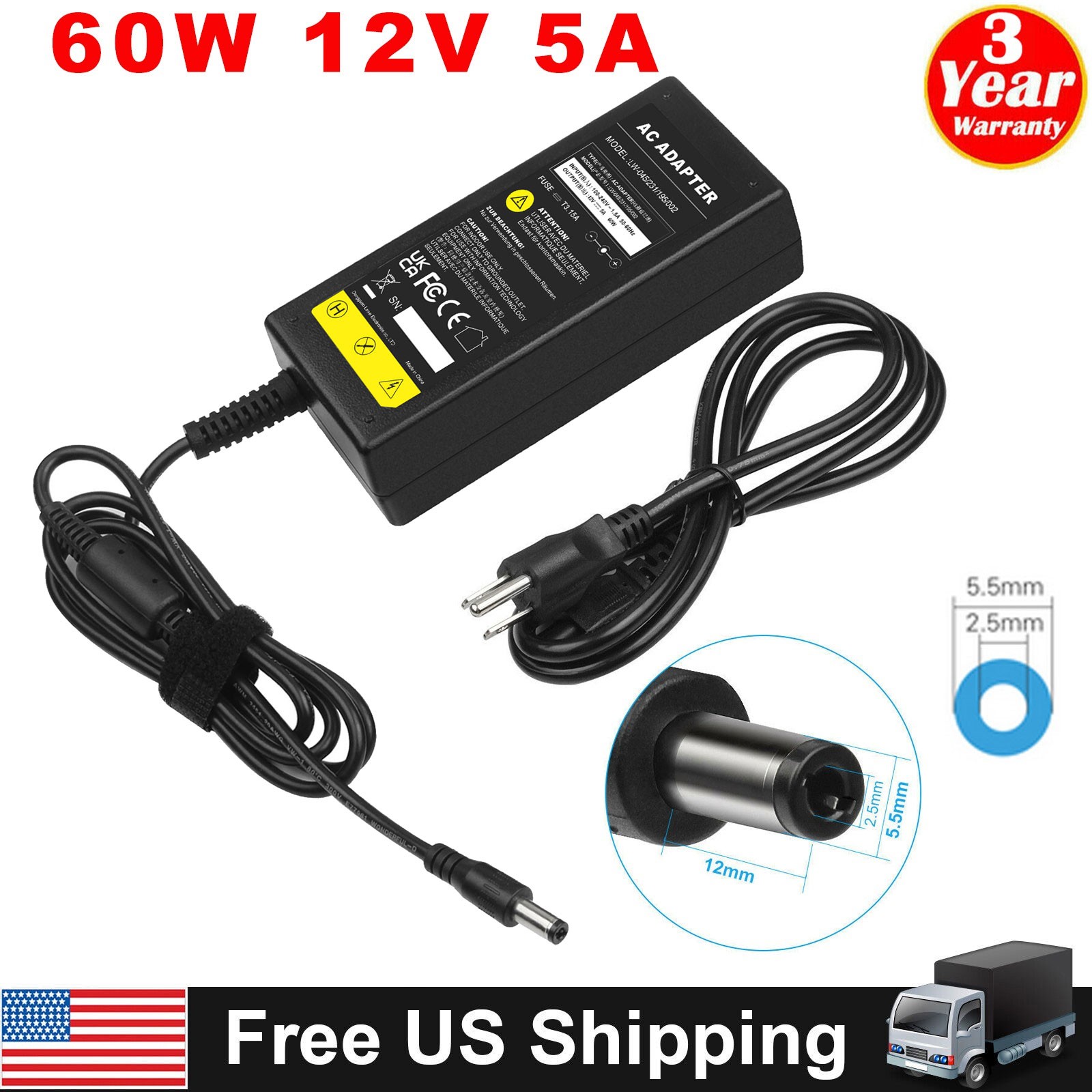 12V 5A 5.5mmx2.5mm AC-DC Power Supply Cord Adapter Charger PSU Mains LED Strip
