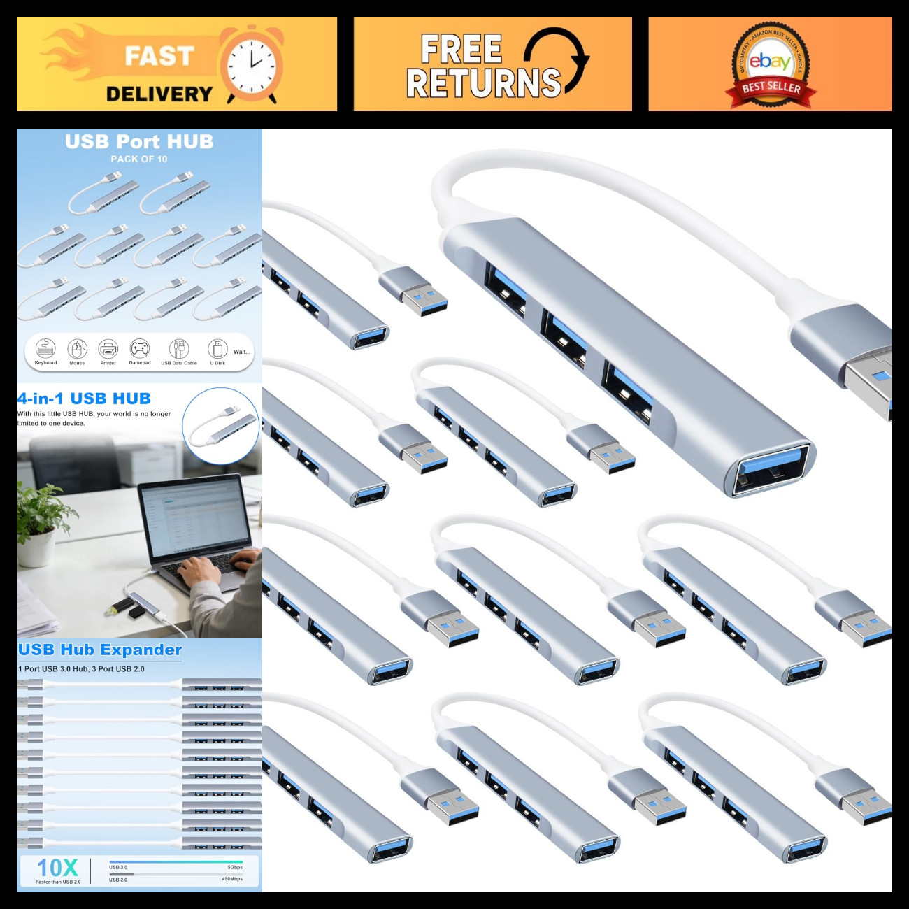 10-Pack USB Hub Splitter - 4-Port USB Expander for Multiple Devices, High-Speed 10-Pack USB Hub Splitter - 4-Port USB Expander for Multiple Devices, High-Speed