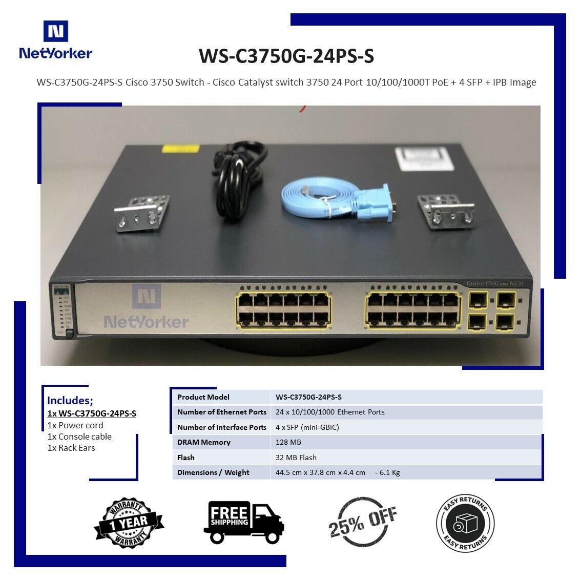 Cisco WS-C3750G-24PS-S 24 Port PoE 3750G Gigabit Switch - Same Day Shipping