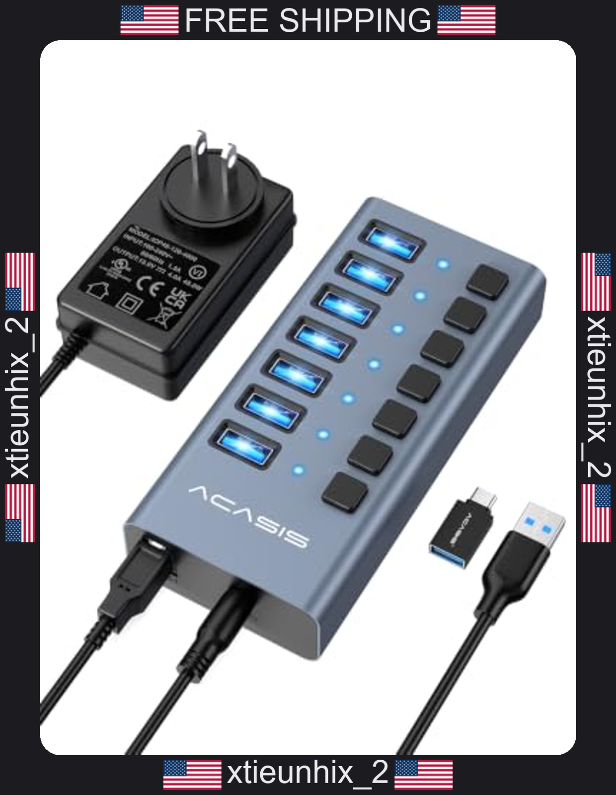 ACASIS USB 3.2 Hub 7 Ports 10Gbps Data Transfer Power Adapter ACASIS USB 3.2 Hub 7 Ports 10Gbps Data Transfer Power Adapter