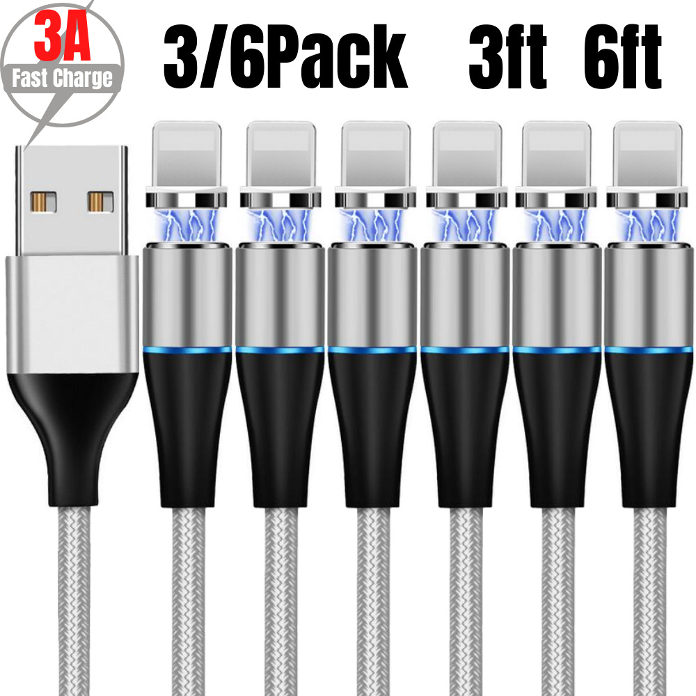 3/6Pack 3/6Ft Magnetic USB Charger Cable Lot For iPhone 12 11 Data Charging Cord