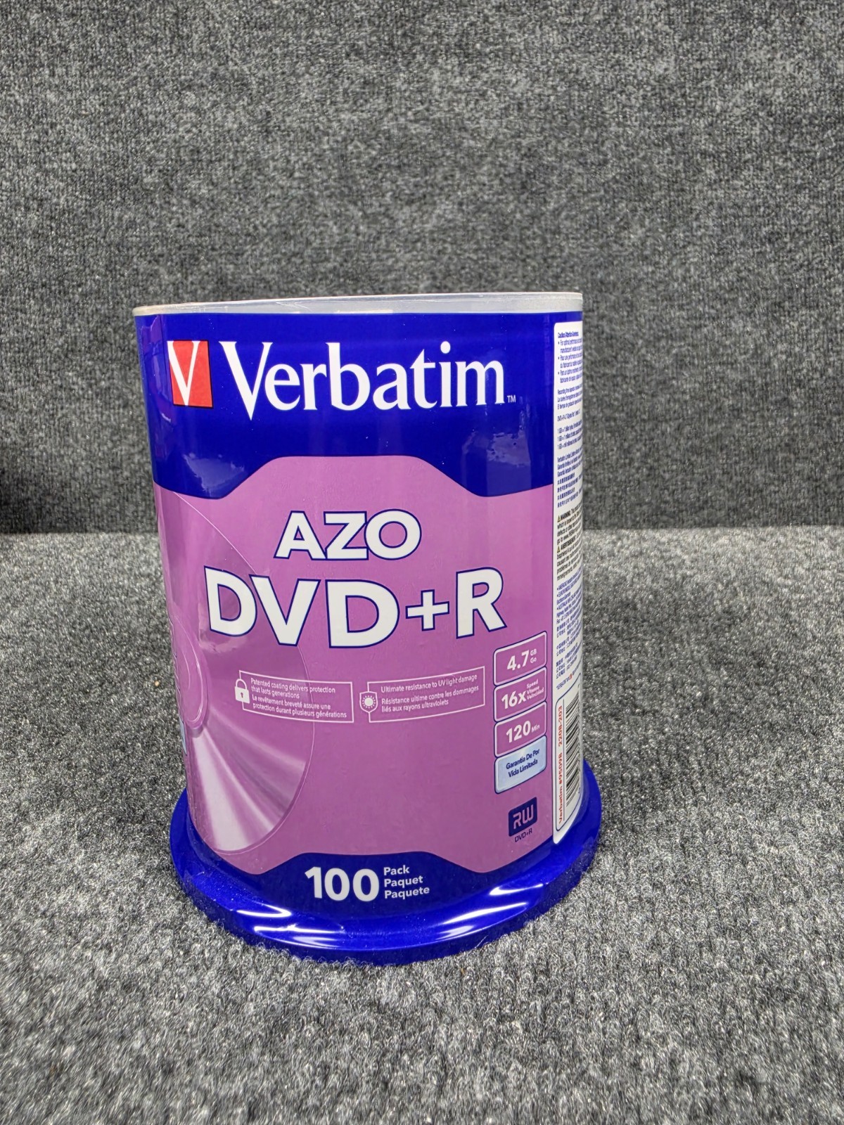 Verbatim AZO DVD+R 4.7GB 16x 120min Blank Media Discs 100 Pack Spindle 95098 Verbatim AZO DVD+R 4.7GB 16x 120min Blank Media Discs 100 Pack Spindle 95098