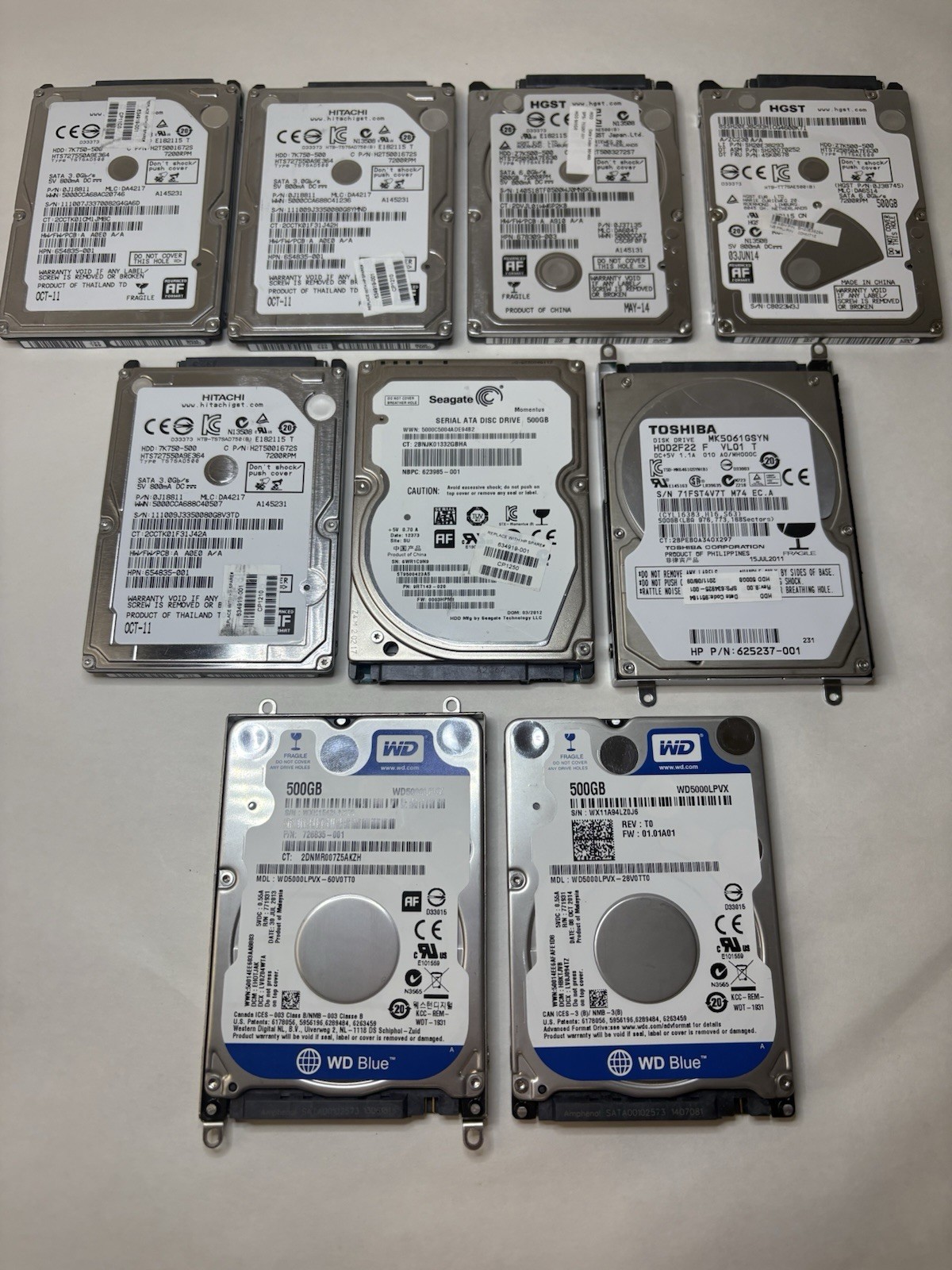 Lot of 9- 500 GB 2.5\'\' SATA Laptop HDDs Mixed Mfg. (Wiped & Tested, SMART OK) Lot of 9- 500 GB 2.5\'\' SATA Laptop HDDs Mixed Mfg. (Wiped & Tested, SMART OK)