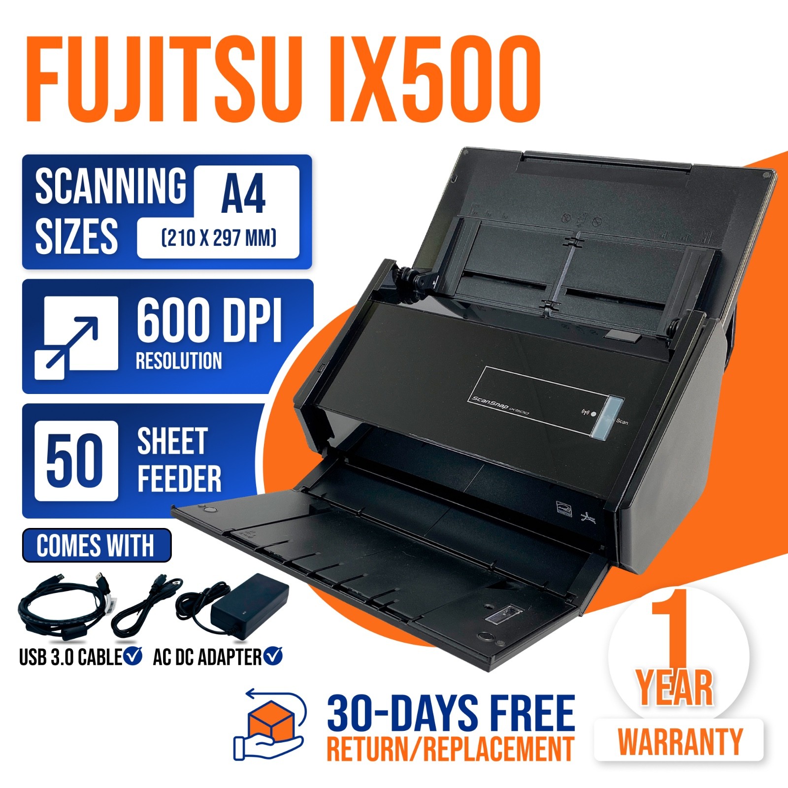Fujitsu ScanSnap iX500 Color Duplex Document Wireless Scanner w/Bundle GRADE A⚡ Fujitsu ScanSnap iX500 Color Duplex Document Wireless Scanner w/Bundle GRADE A⚡