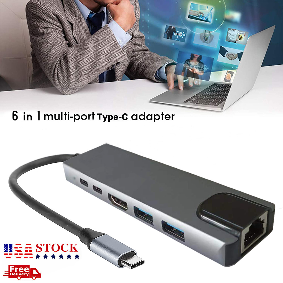 6 in 1 Multiport USB-C Hub Type C To USB 3.0 4K HDMI Adapter For Macbook Laptop