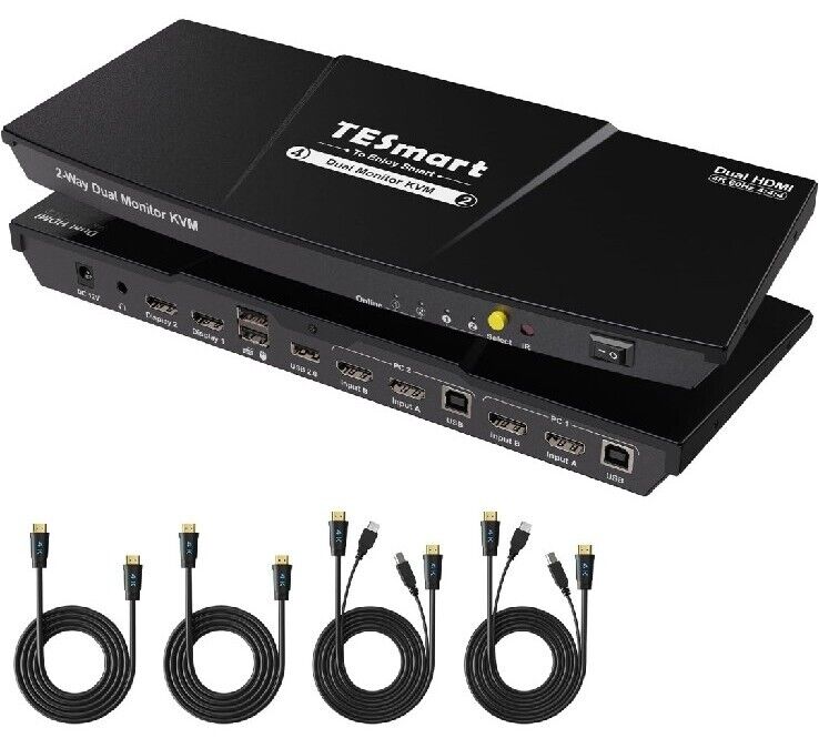 TESmart HDMI KVM Switch 2 Monitors 2 Computers 4K@60Hz, USB 2.0, Dual Monitor KV
