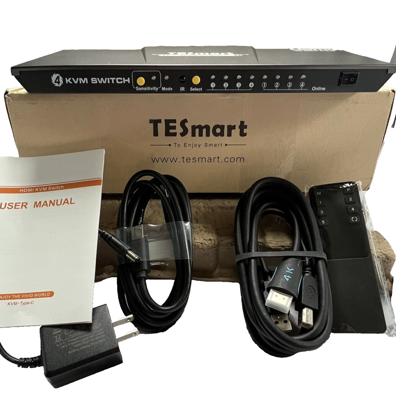 TESmart 4K 4-Port HDMI KVM Switch W/Power Adapter Remote cables manual