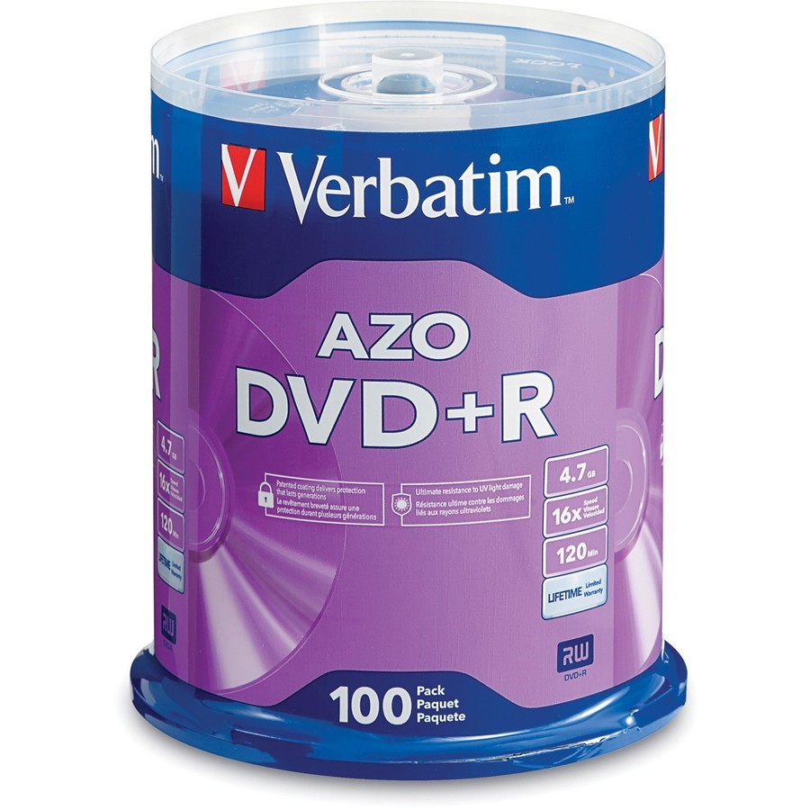 Verbatim 95098 AZO DVD+R 4.7GB 16X 120Min 100-Pack Spindle Blank Discs New Verbatim 95098 AZO DVD+R 4.7GB 16X 120Min 100-Pack Spindle Blank Discs New