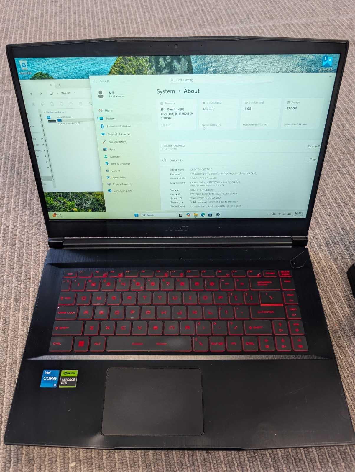 MSI GF63 Thin 11UC-1276US - FHD - i5-11400H - 32GB RAM - RTX3050 - 512GB SSD